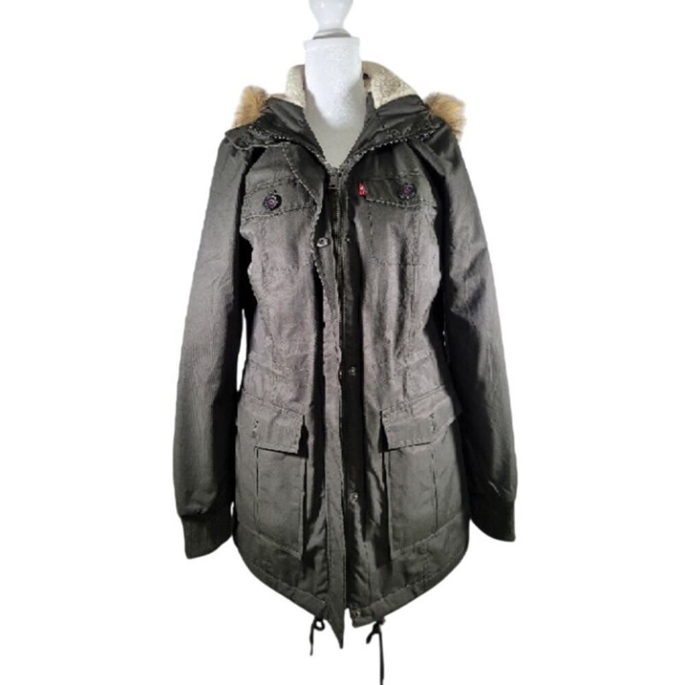 Levi's Women's Parka Jacket Army Green Water Resistant with Faux Fur Hood Sz S